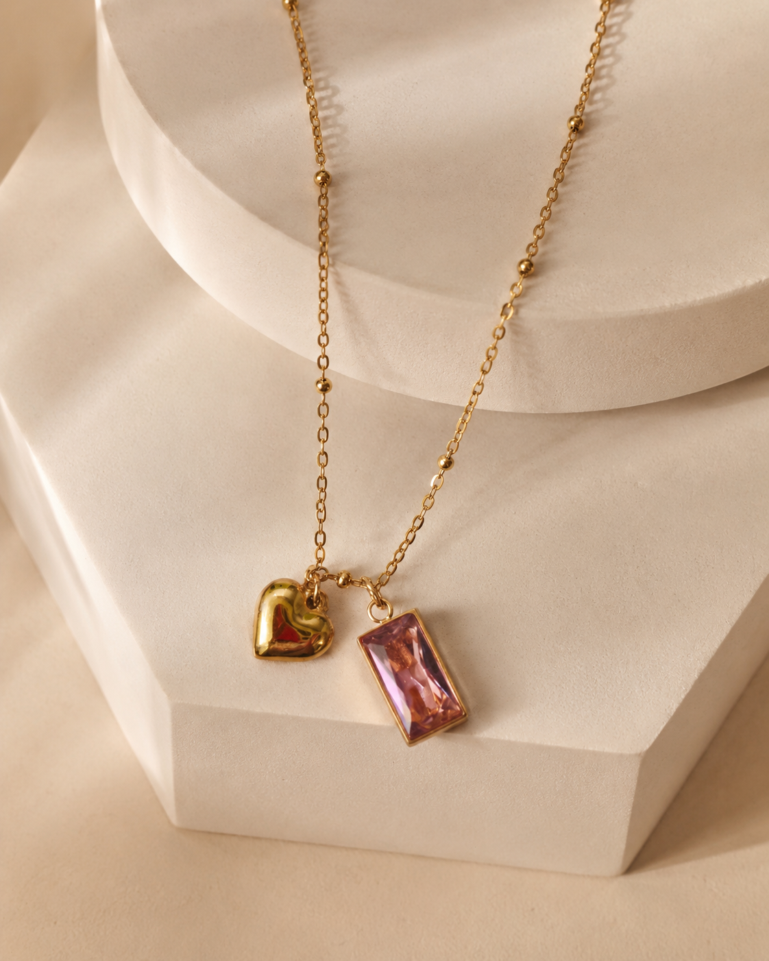 Golden Heart & Pink Charm Necklace