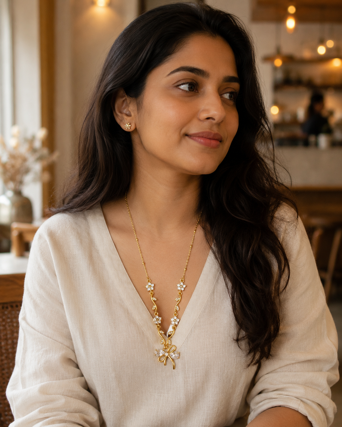 Clear Floral Vine Bow Necklace