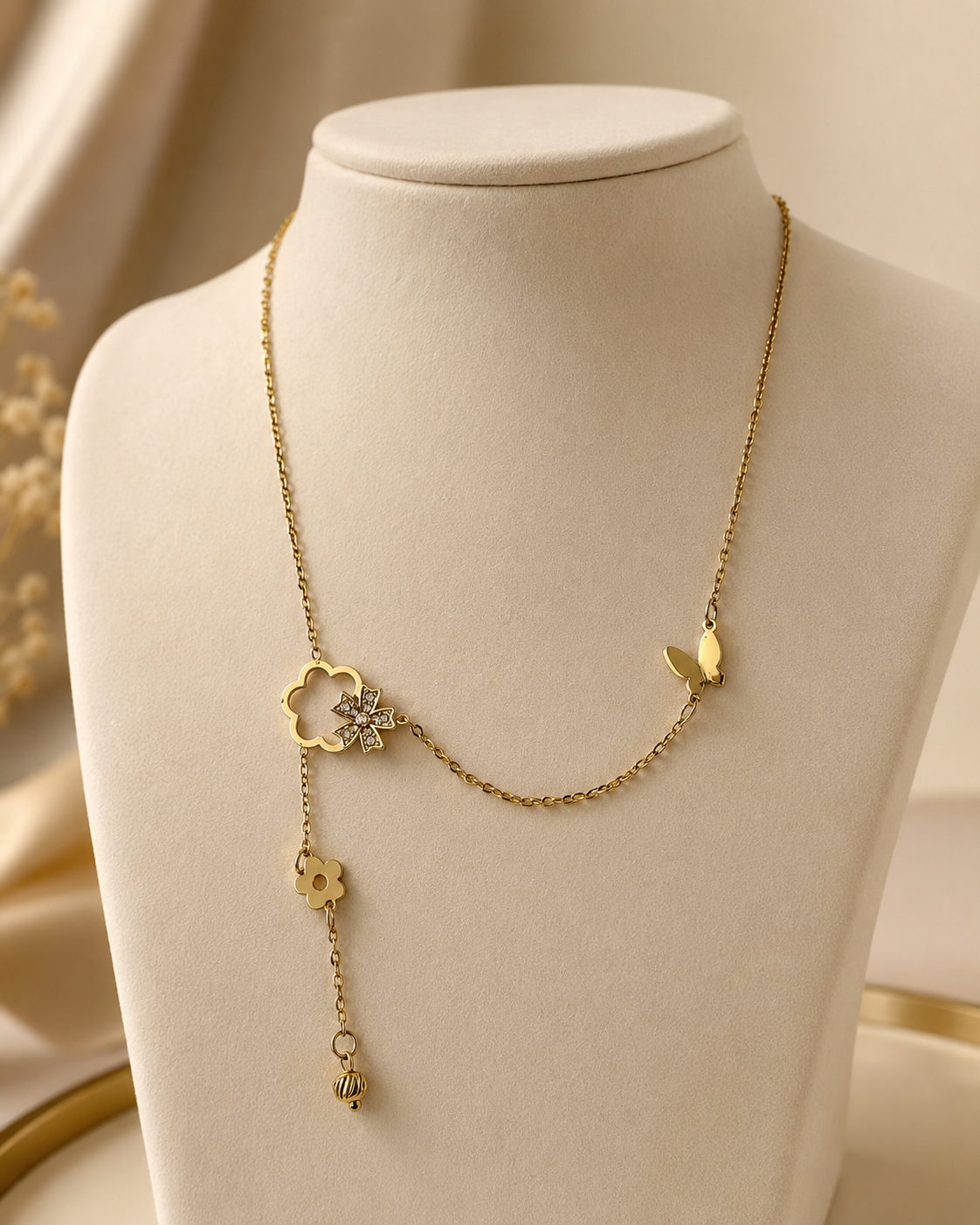 Asymmetrical Floral Charm Necklace
