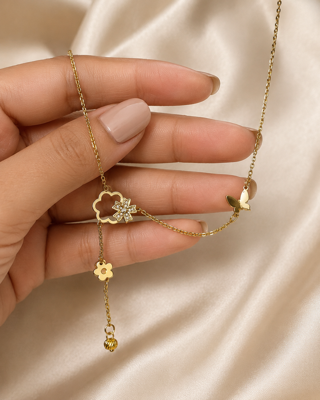 Asymmetrical Floral Charm Necklace