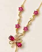 Ruby Pink Floral Bow Necklace