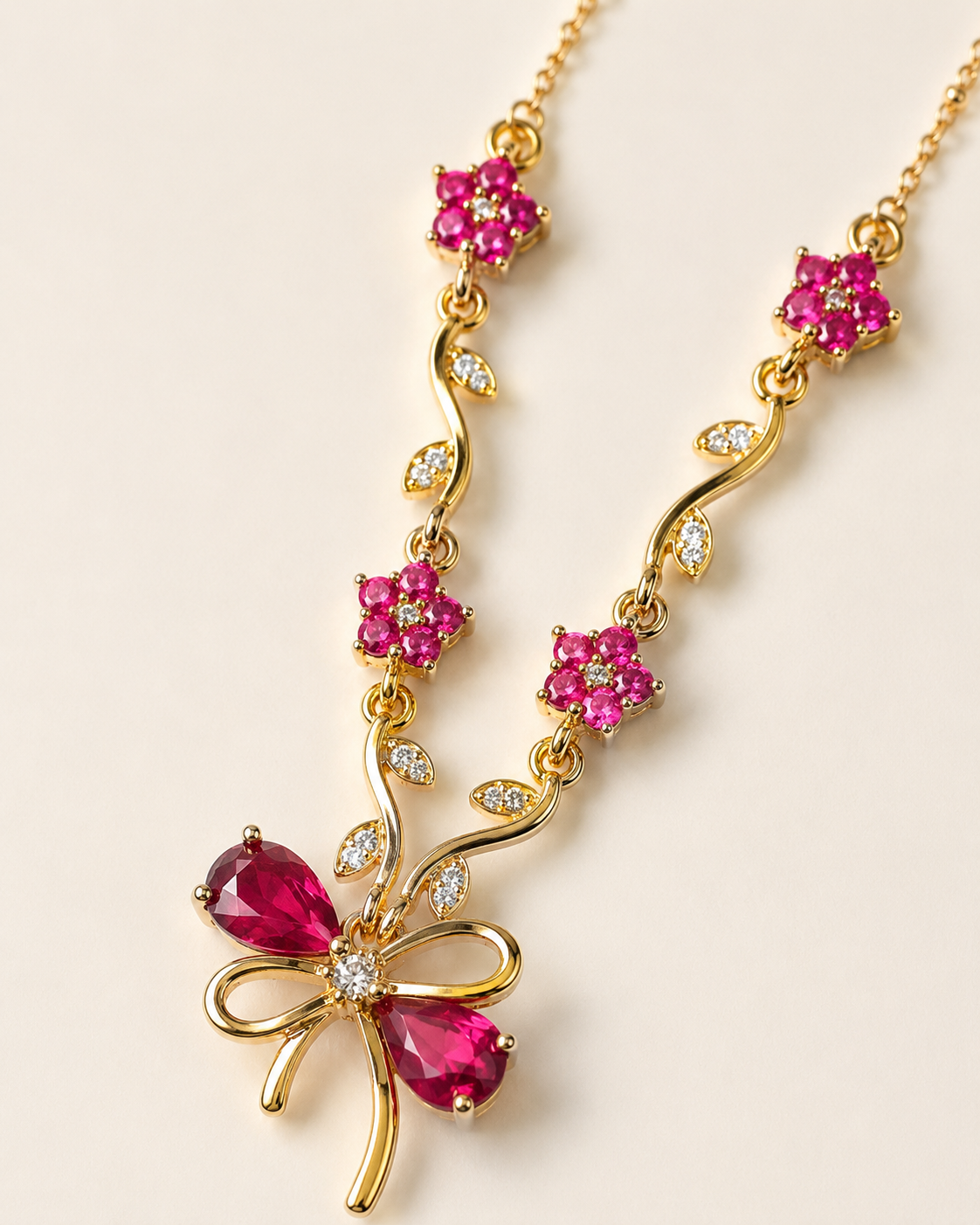 Ruby Pink Floral Bow Necklace