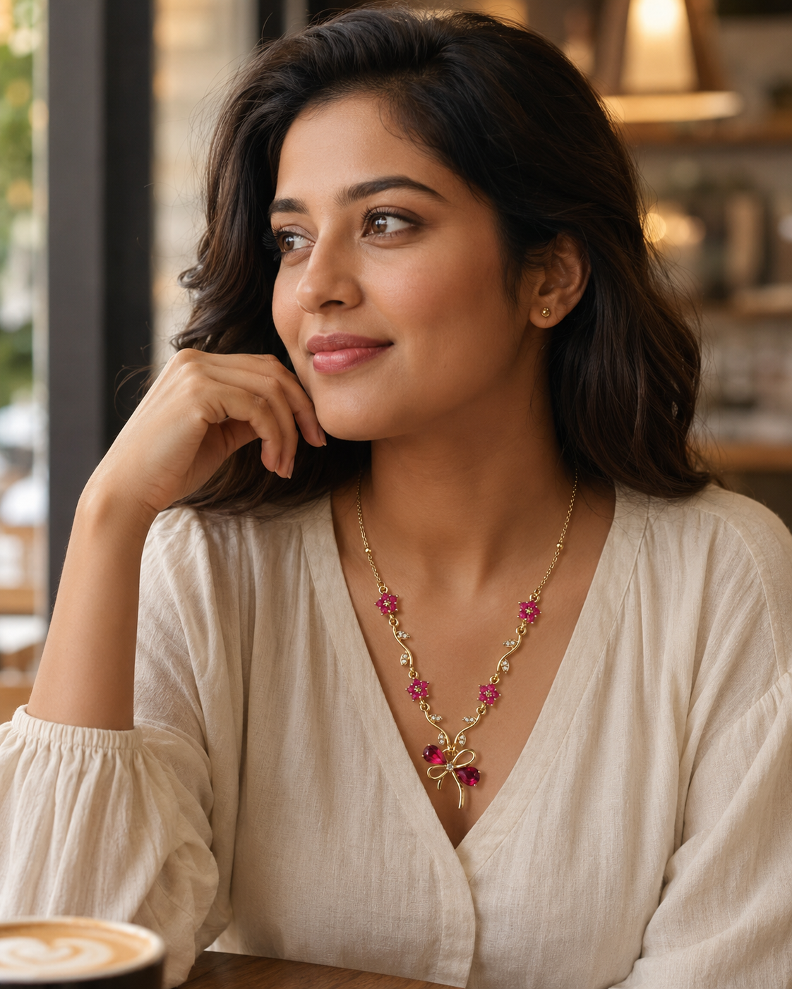 Ruby Pink Floral Bow Necklace