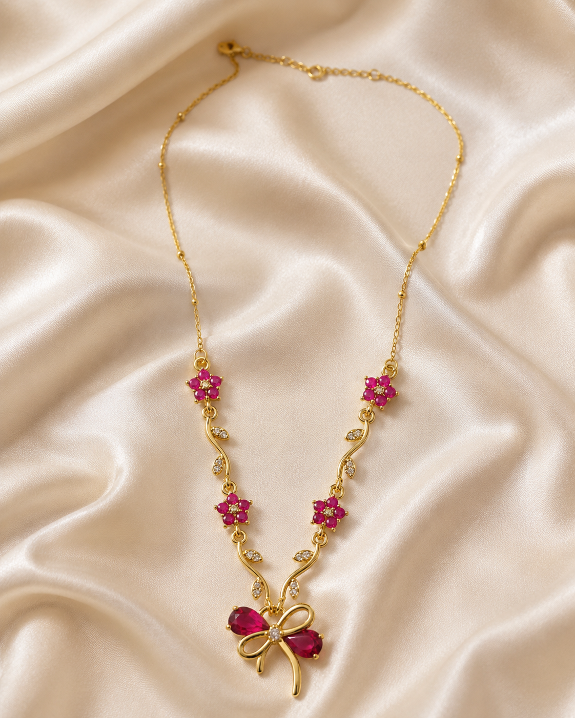 Ruby Pink Floral Bow Necklace