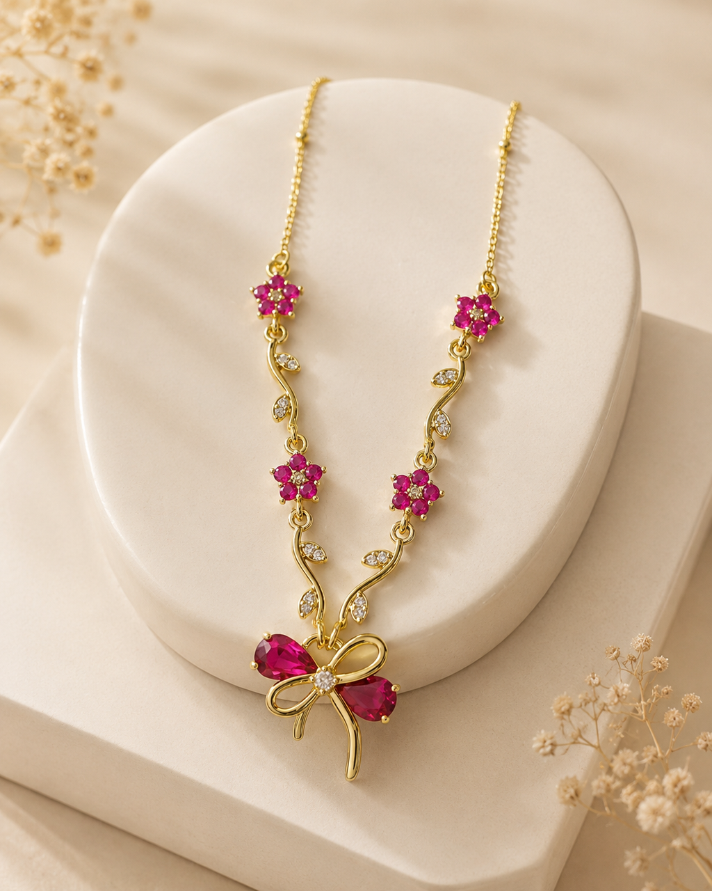 Ruby Pink Floral Bow Necklace
