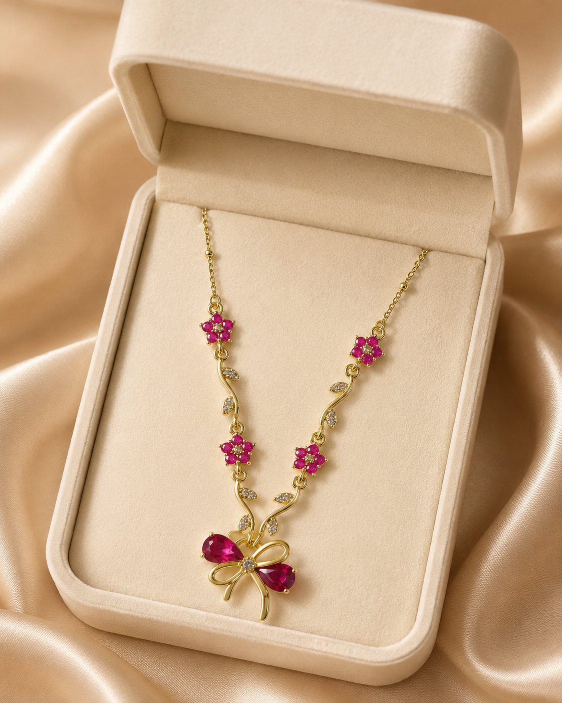 Ruby Pink Floral Bow Necklace
