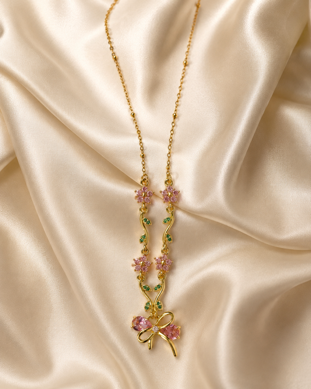 Pink Floral Vine Bow Necklace