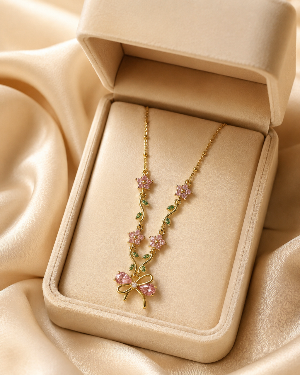 Pink Floral Vine Bow Necklace
