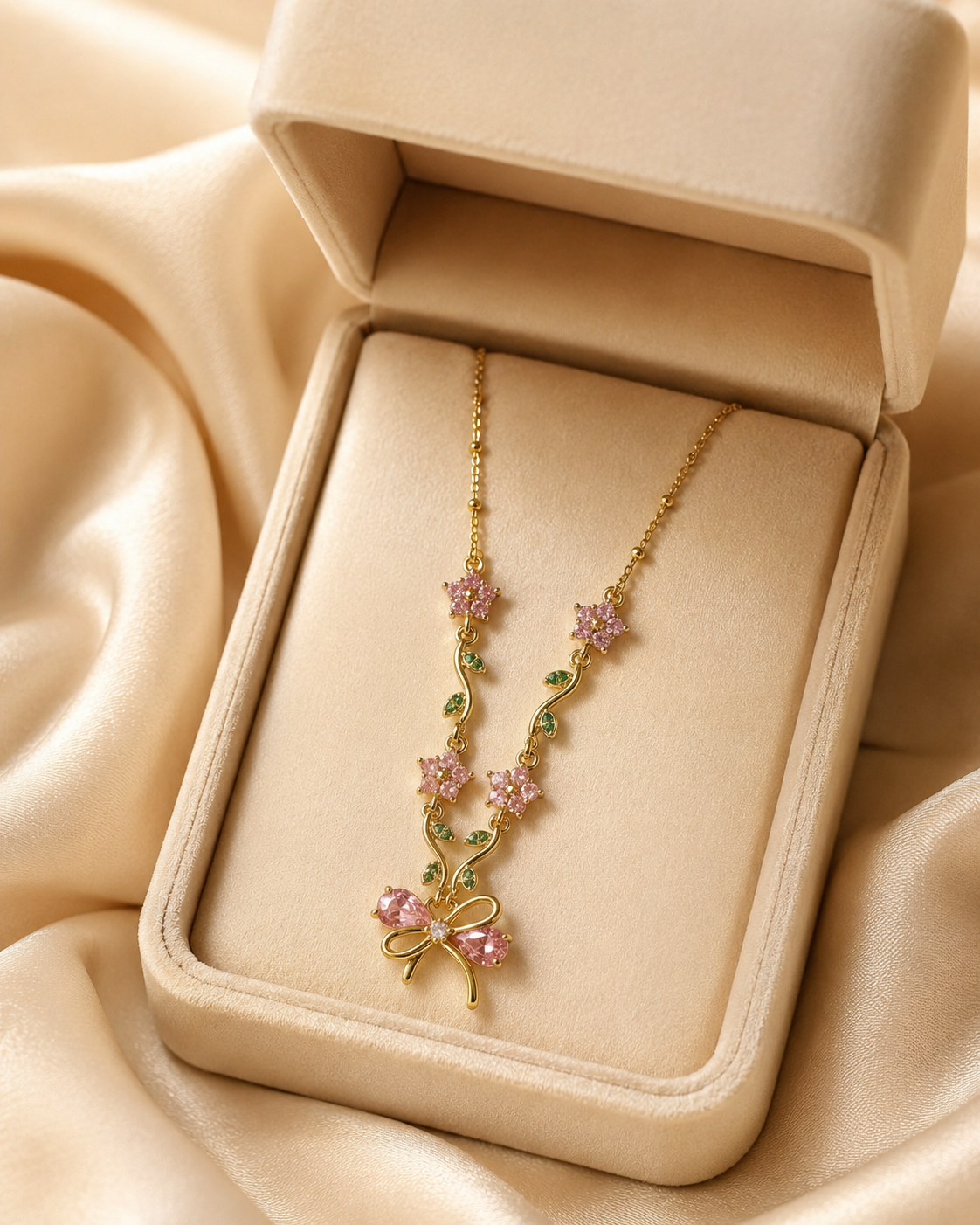 Pink Floral Vine Bow Necklace