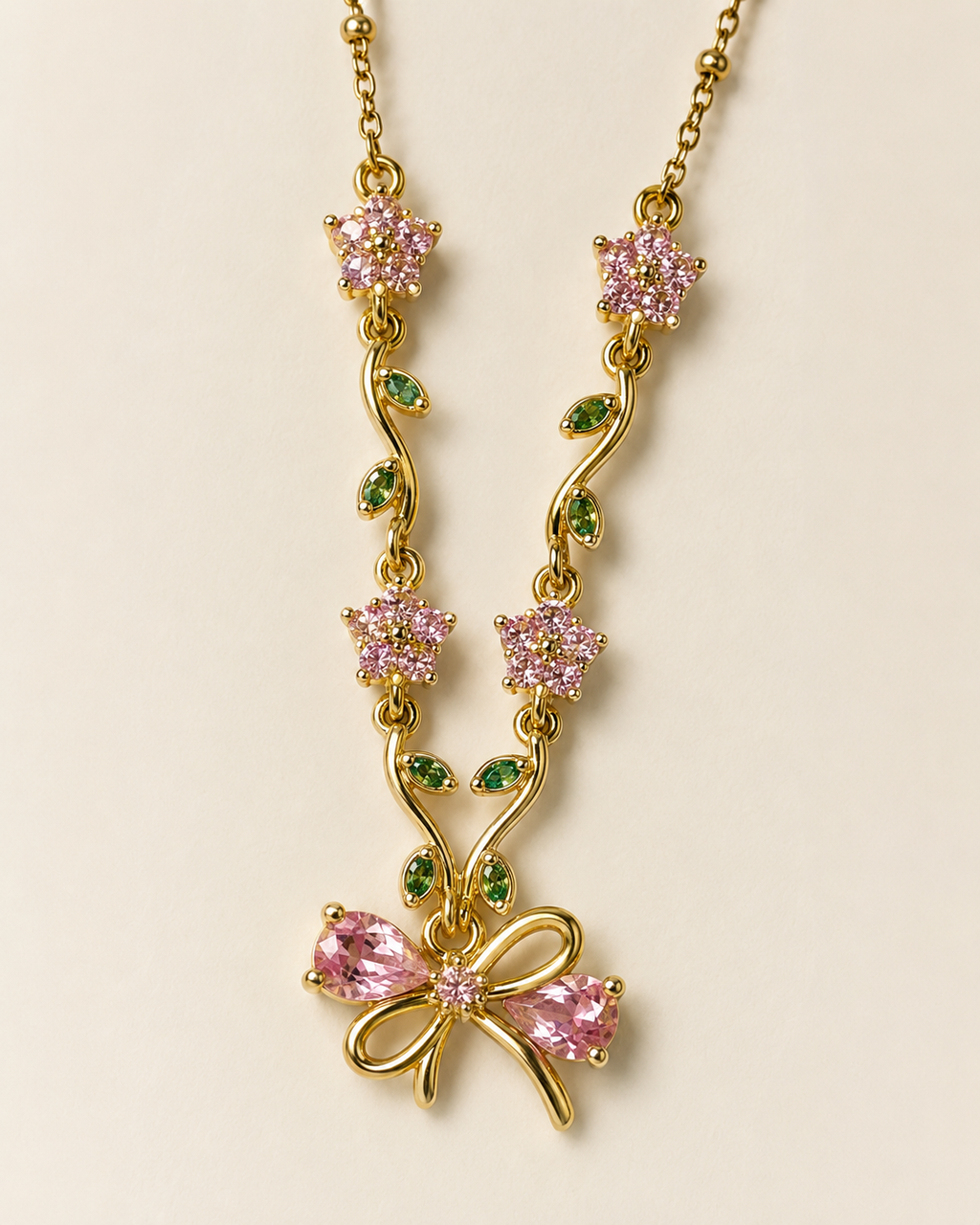 Pink Floral Vine Bow Necklace