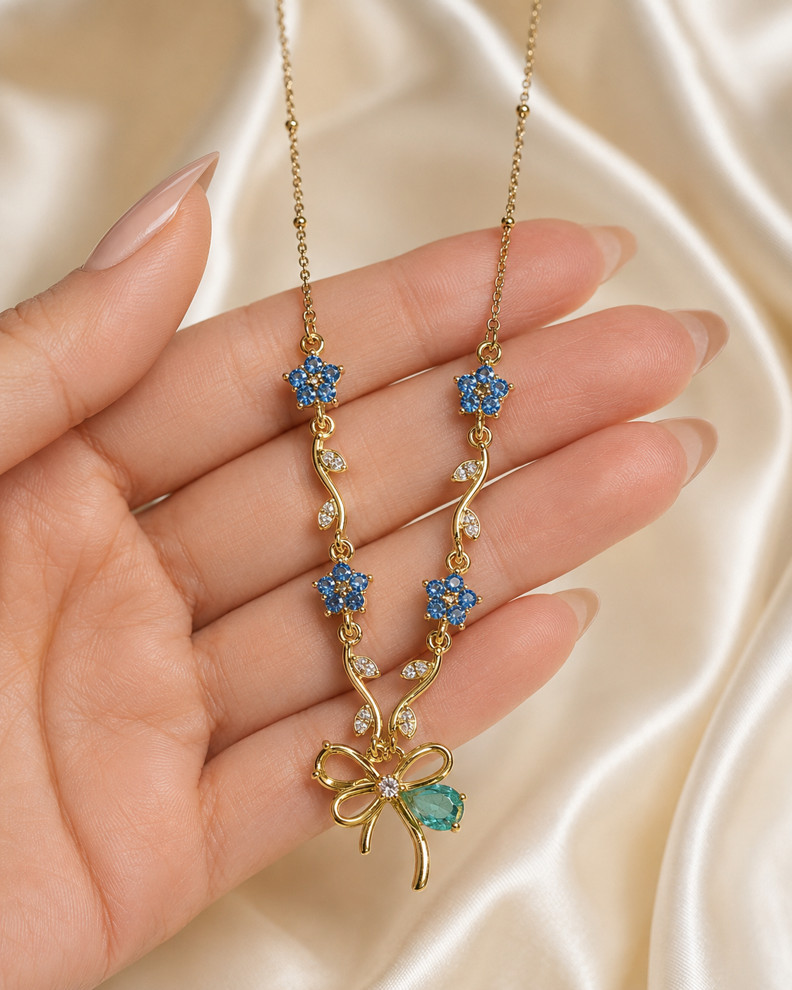 Blue Floral Vine Bow Necklace