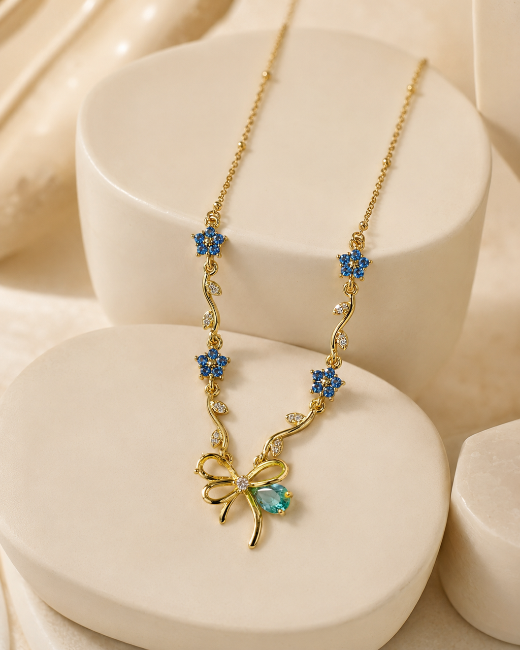 Blue Floral Vine Bow Necklace