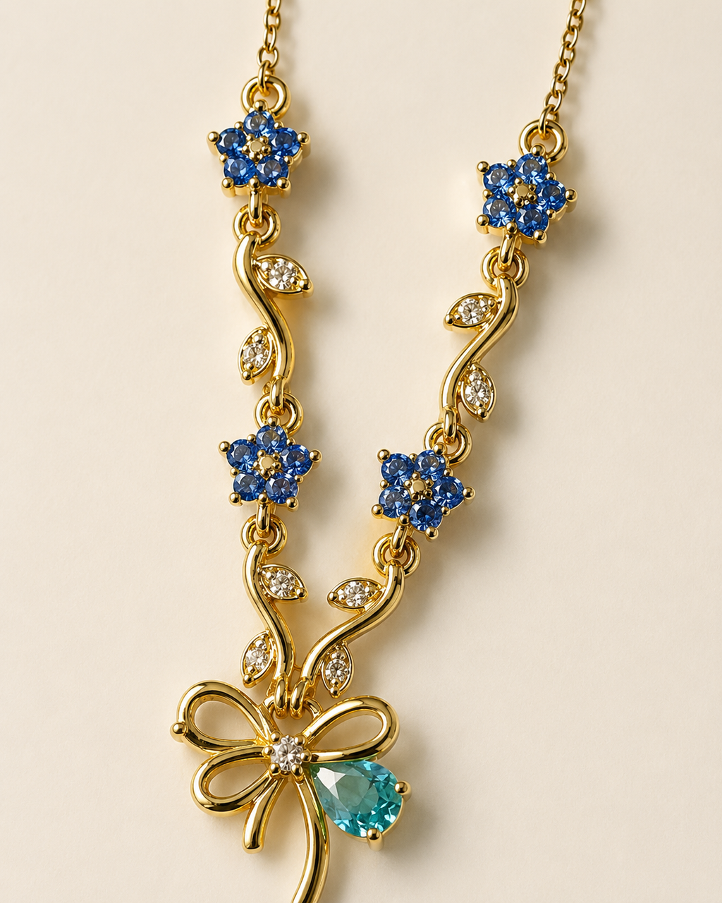 Blue Floral Vine Bow Necklace