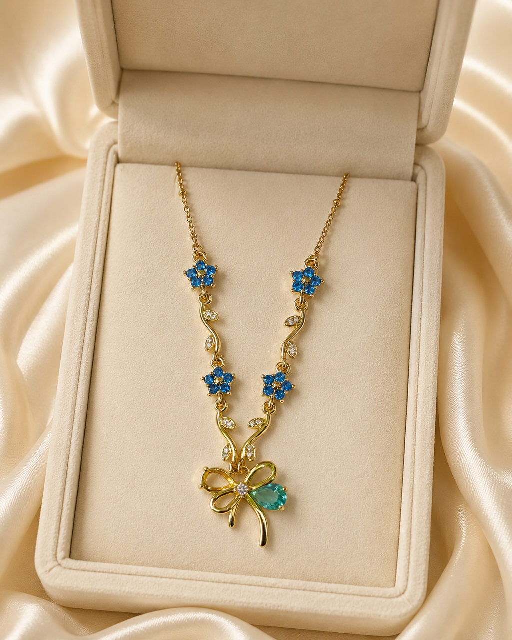 Blue Floral Vine Bow Necklace