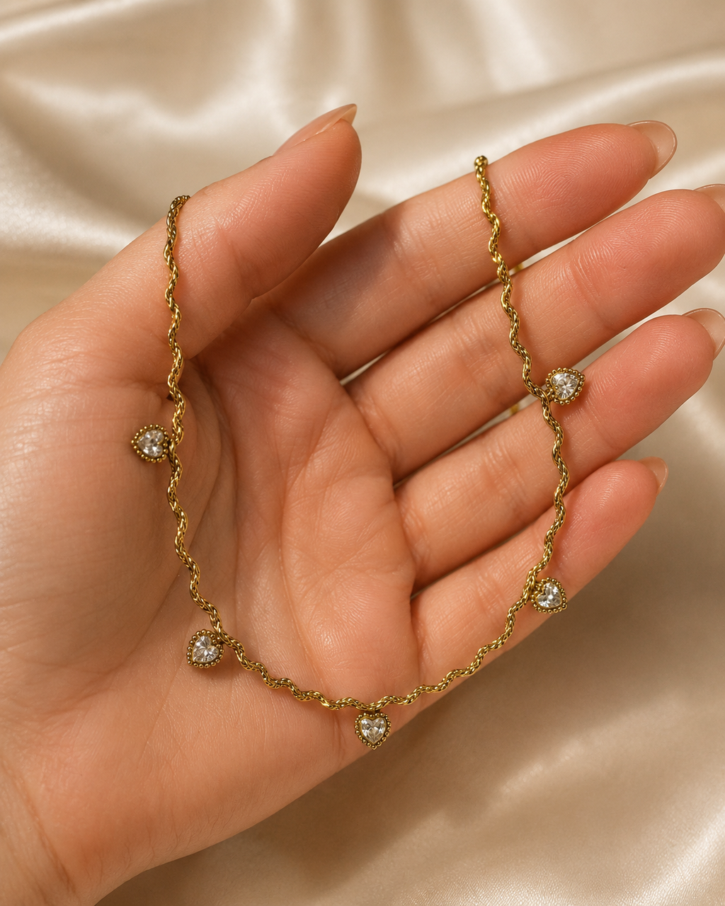 Gold Twisted Chain White Heart Crystal Necklace