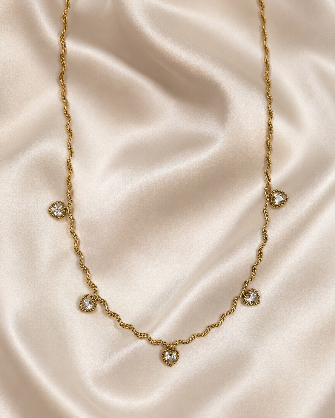 Gold Twisted Chain White Heart Crystal Necklace