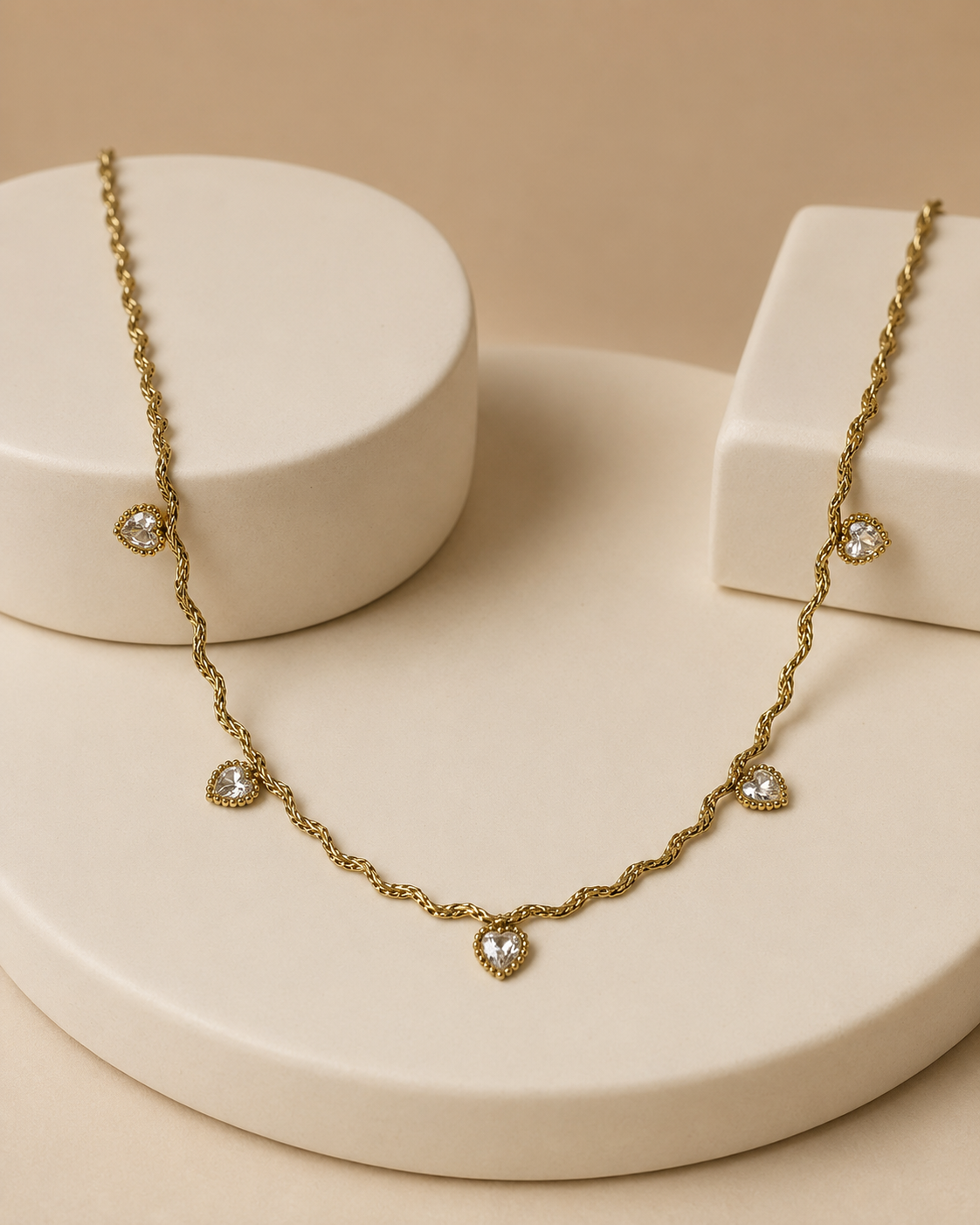 Gold Twisted Chain White Heart Crystal Necklace
