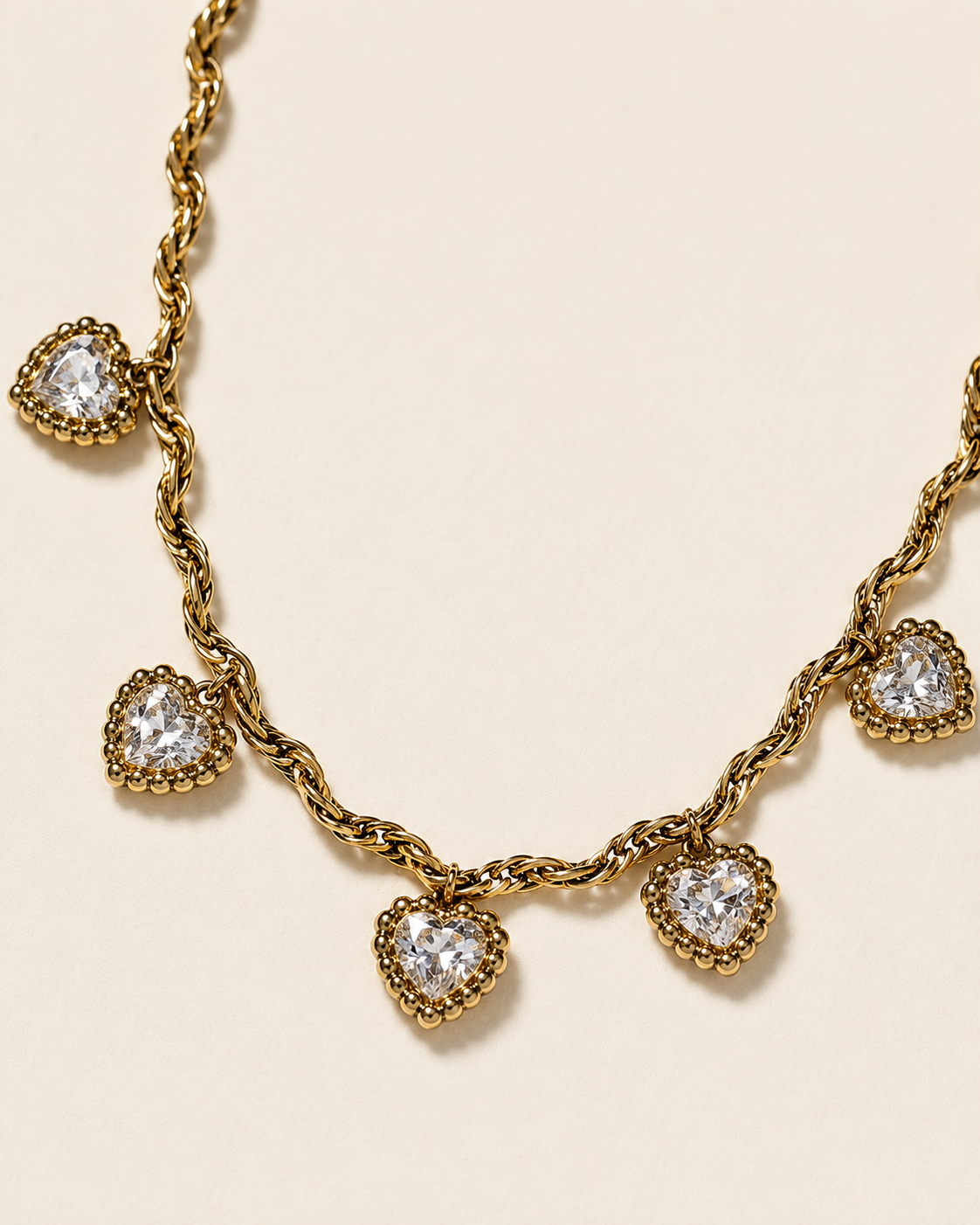 Gold Twisted Chain White Heart Crystal Necklace