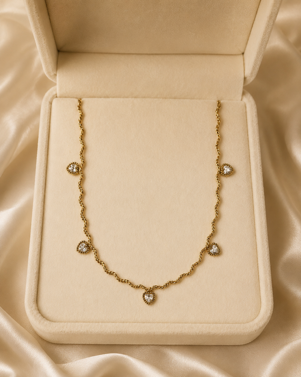 Gold Twisted Chain White Heart Crystal Necklace