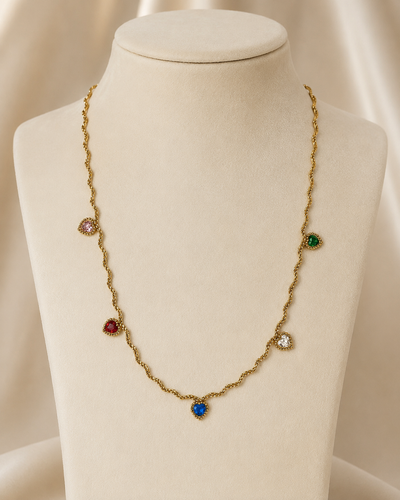 Gold Twisted Chain Multicolor Heart Crystal Necklace