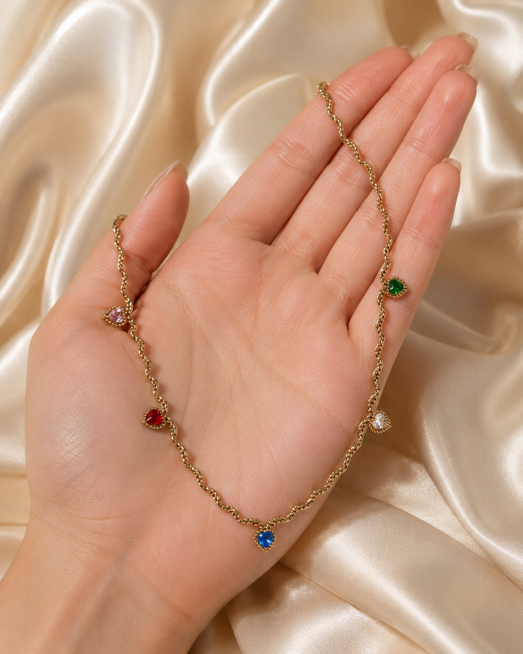 Gold Twisted Chain Multicolor Heart Crystal Necklace