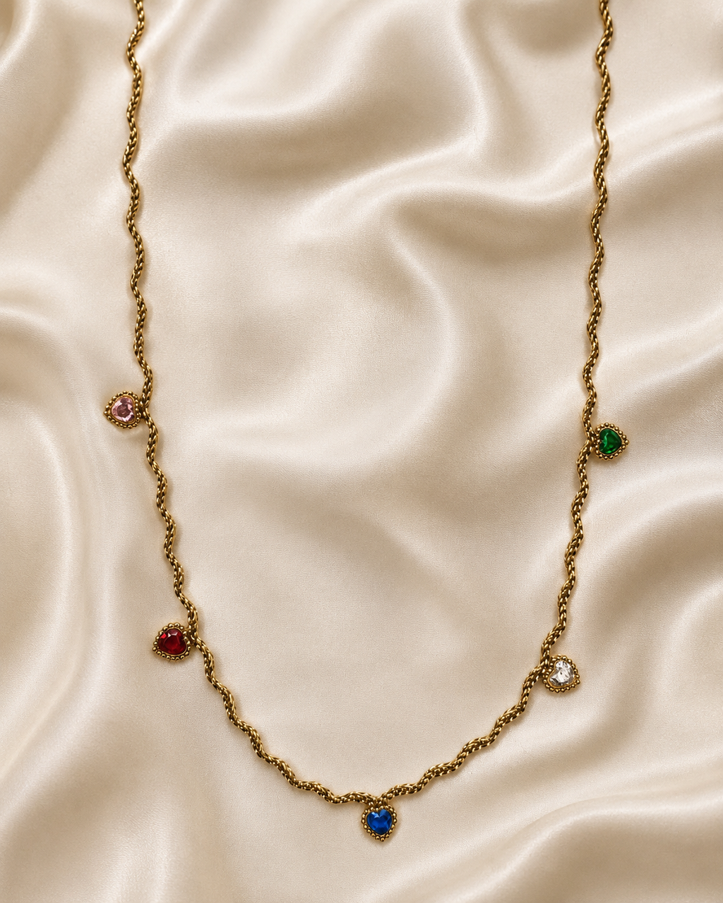 Gold Twisted Chain Multicolor Heart Crystal Necklace