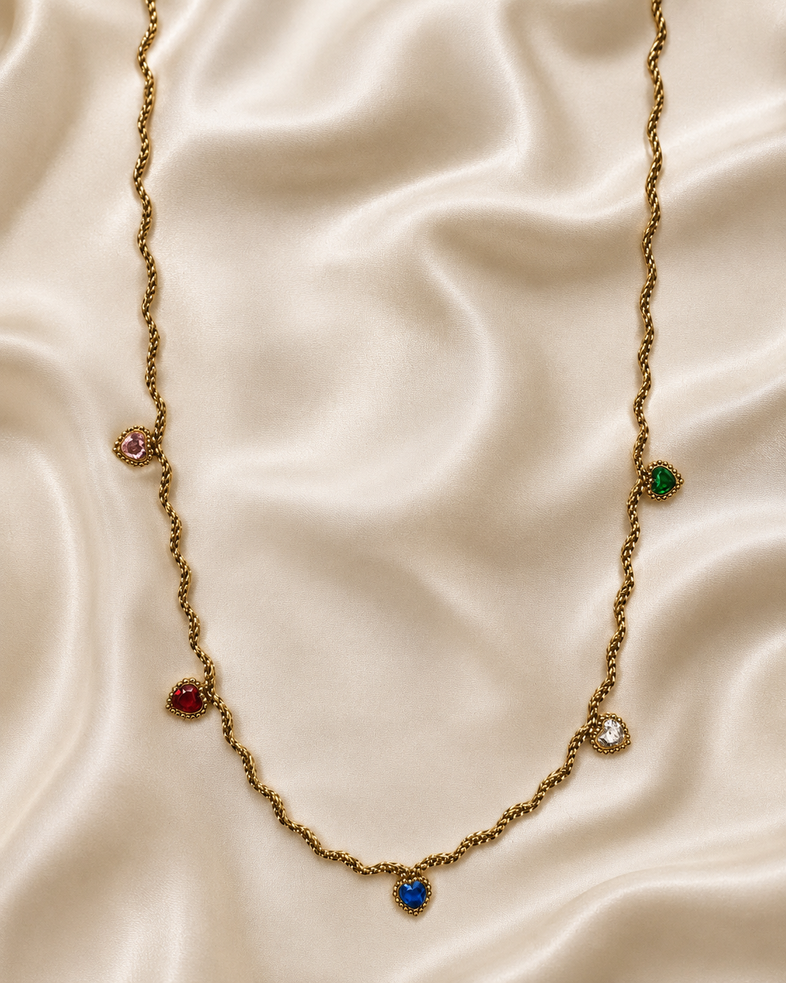Gold Twisted Chain Multicolor Heart Crystal Necklace