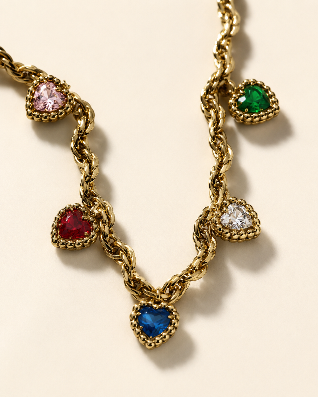 Gold Twisted Chain Multicolor Heart Crystal Necklace