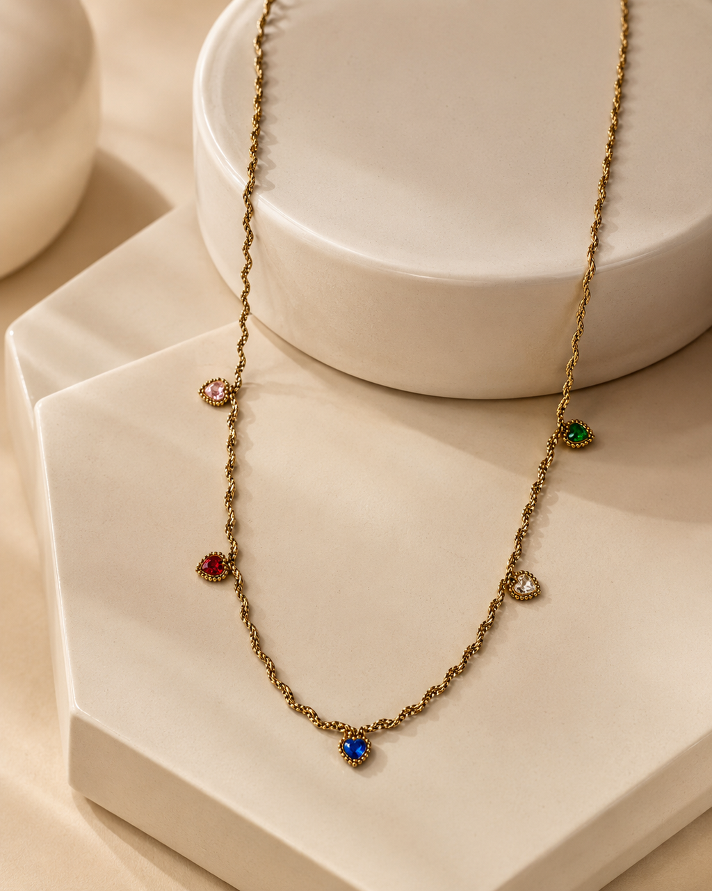 Gold Twisted Chain Multicolor Heart Crystal Necklace