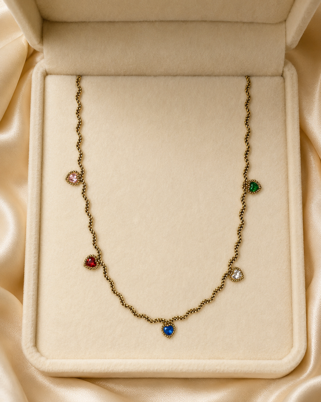 Gold Twisted Chain Multicolor Heart Crystal Necklace