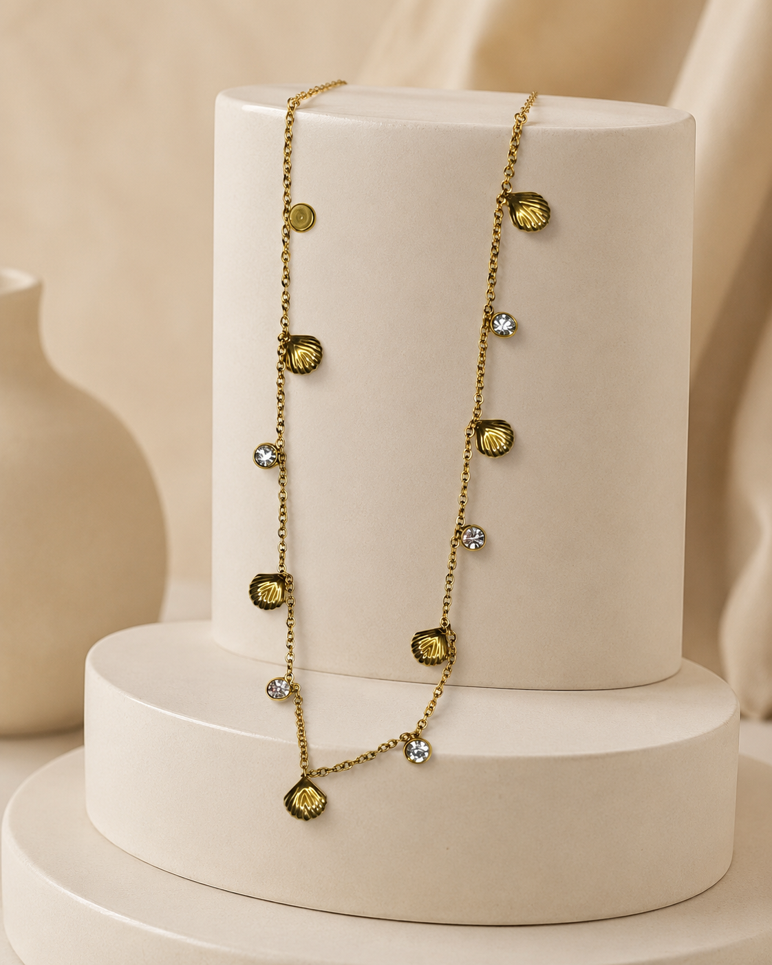 Gold Shell and Crystal Charm Necklace