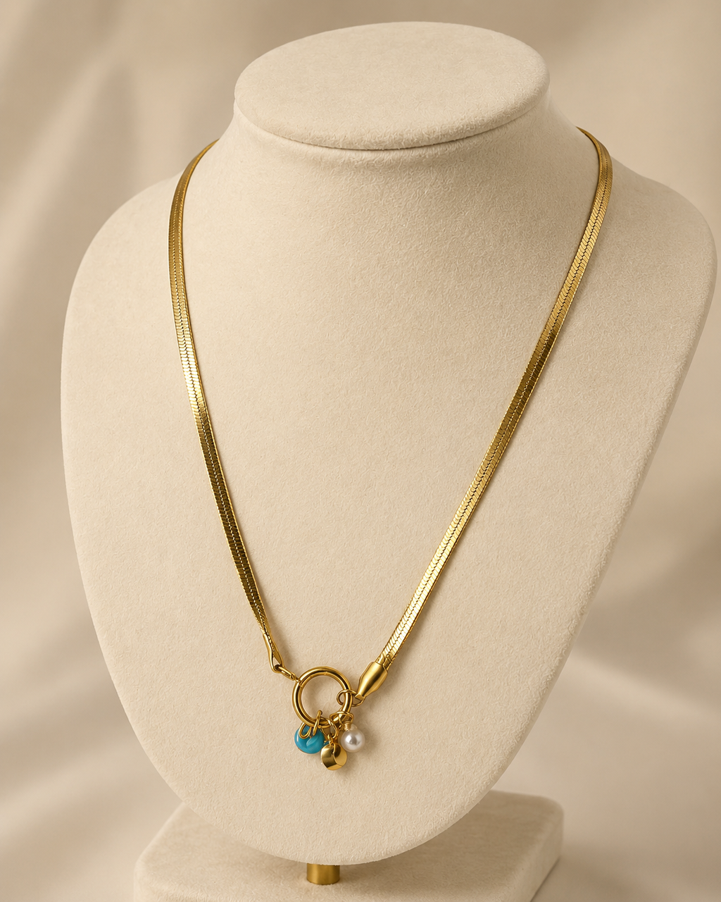 Gold Ring Charm Necklace with Pearl and Blue Bead