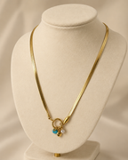 Gold Ring Charm Necklace with Pearl and Blue Bead