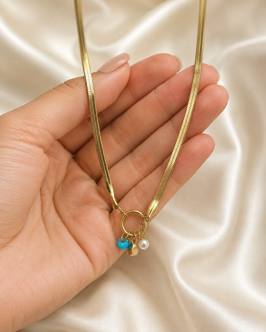 Gold Ring Charm Necklace with Pearl and Blue Bead