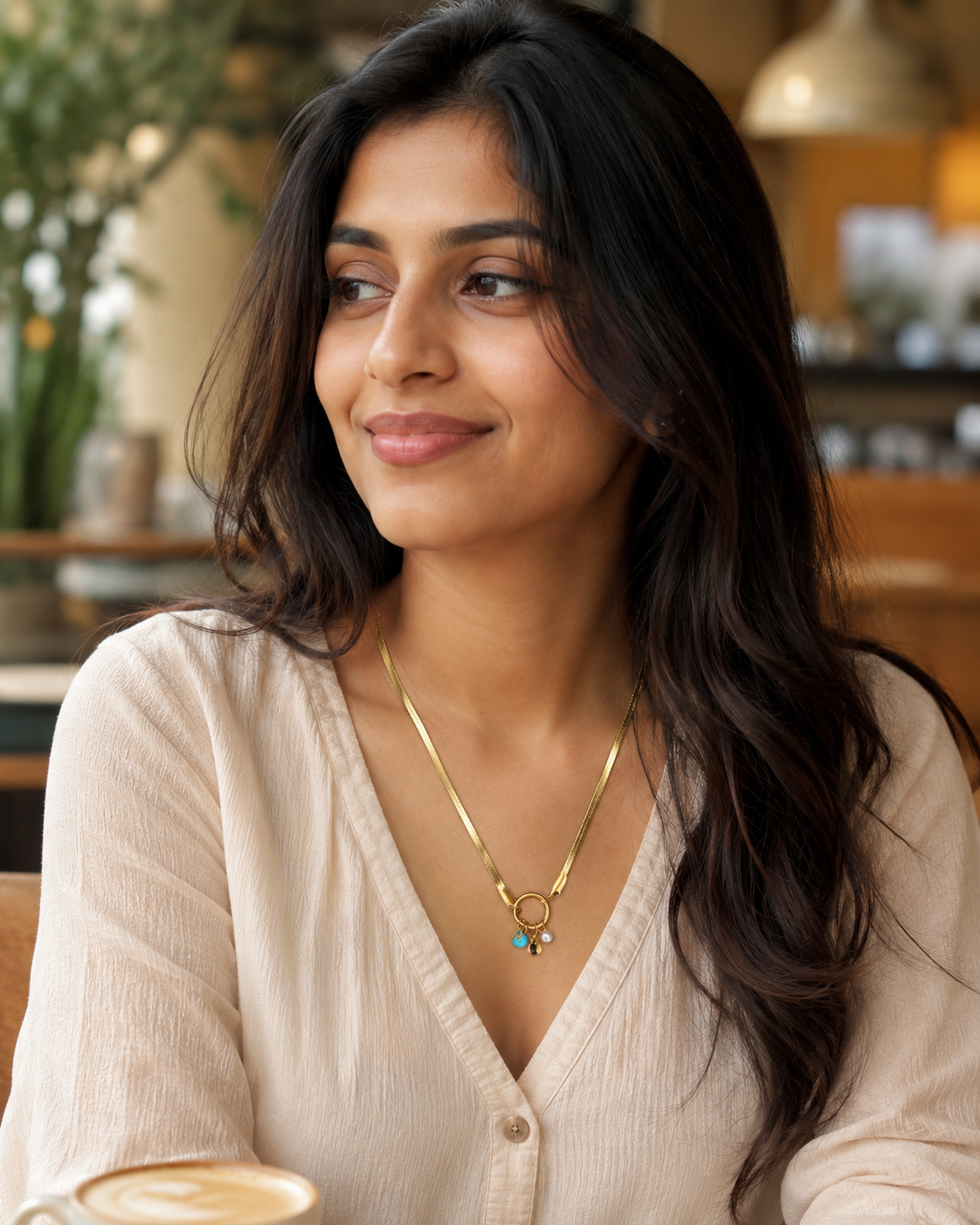 Gold Ring Charm Necklace with Pearl and Blue Bead