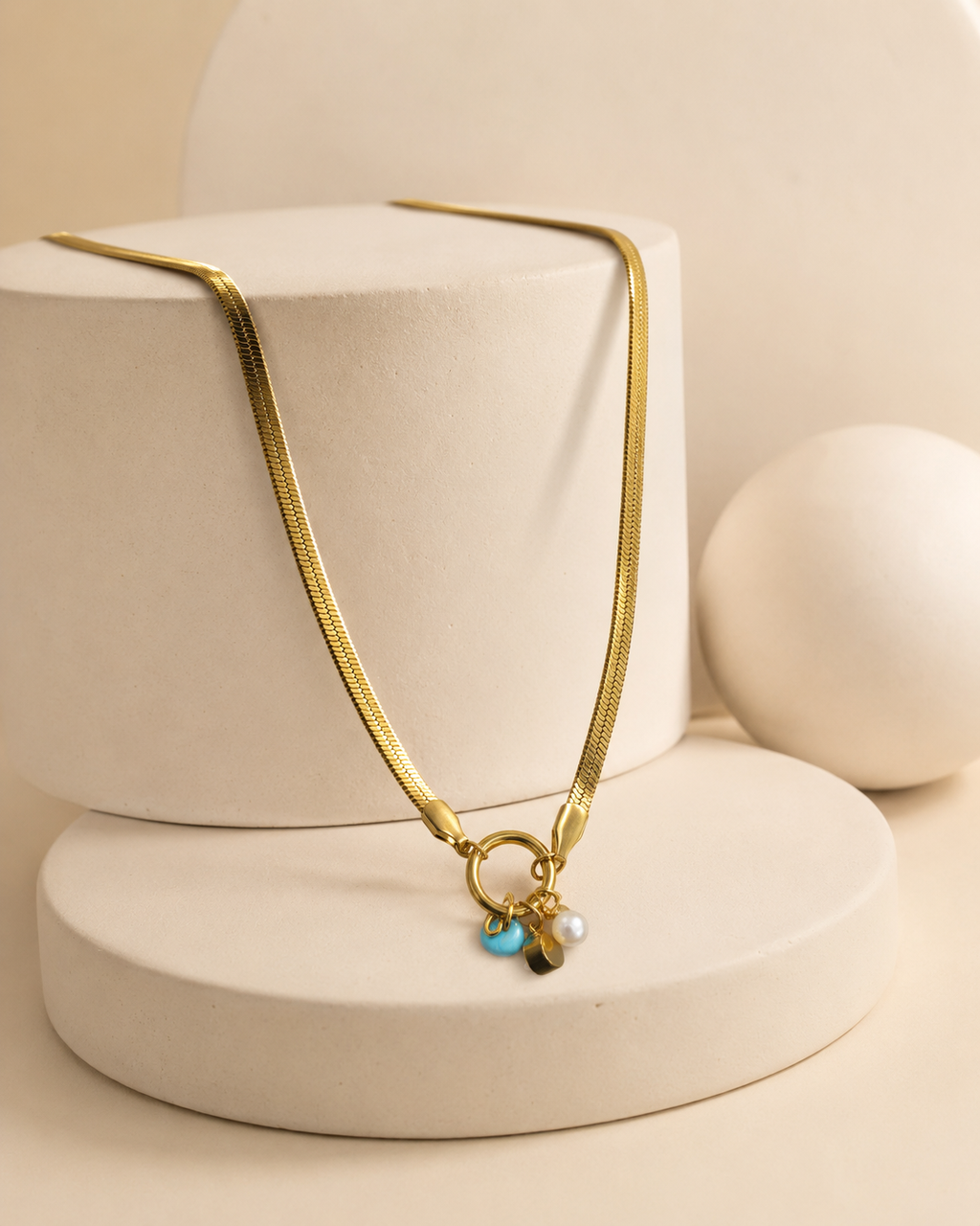 Gold Ring Charm Necklace with Pearl and Blue Bead