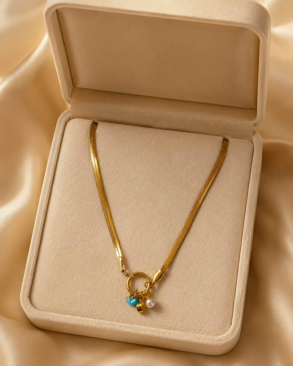 Gold Ring Charm Necklace with Pearl and Blue Bead
