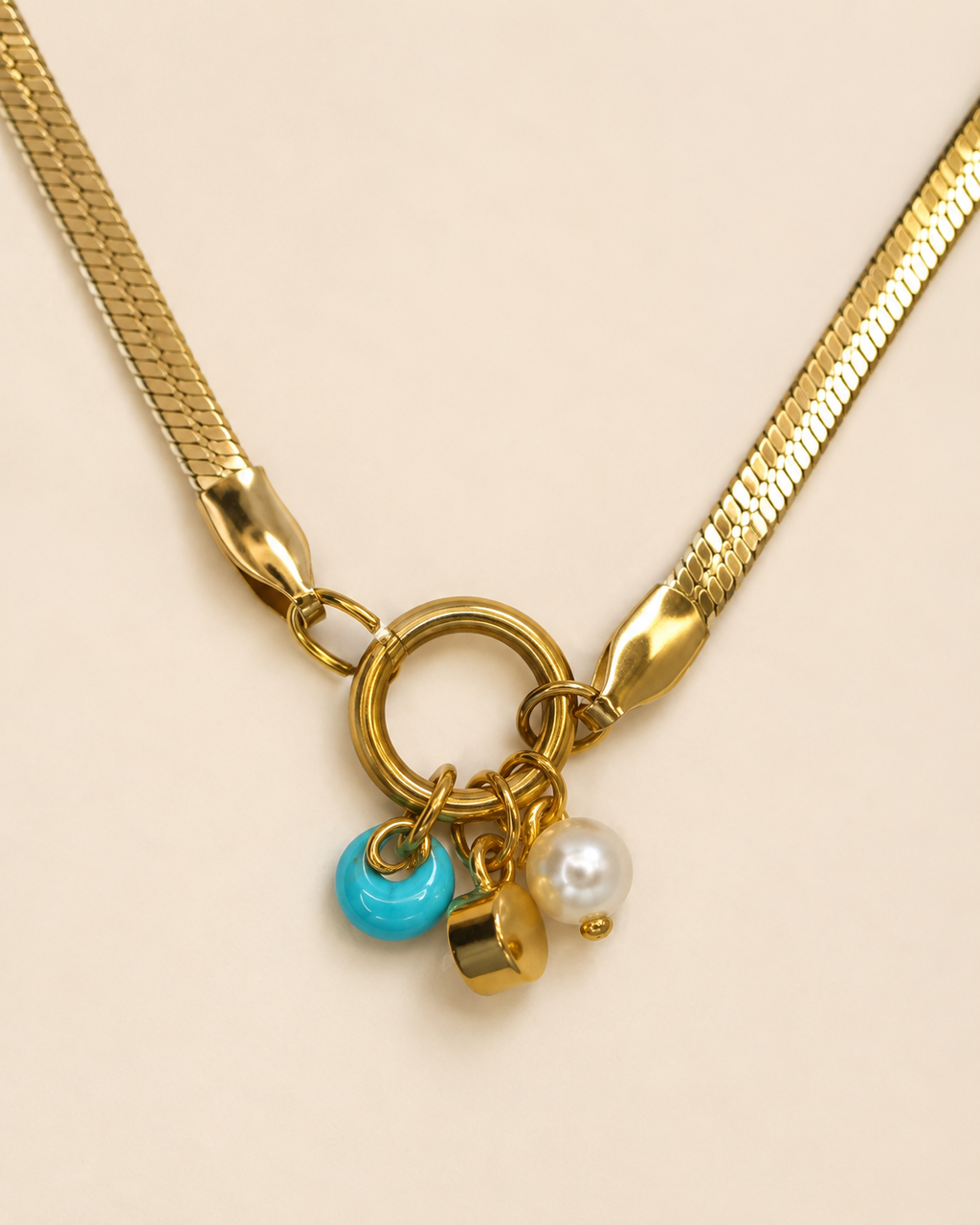 Gold Ring Charm Necklace with Pearl and Blue Bead