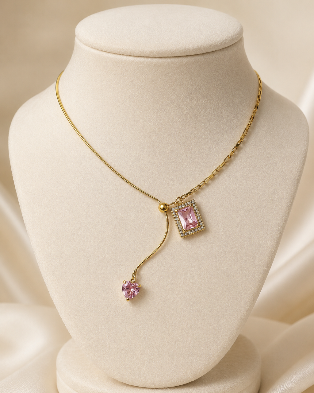 Pink Square Crystal Heart Drop Necklace