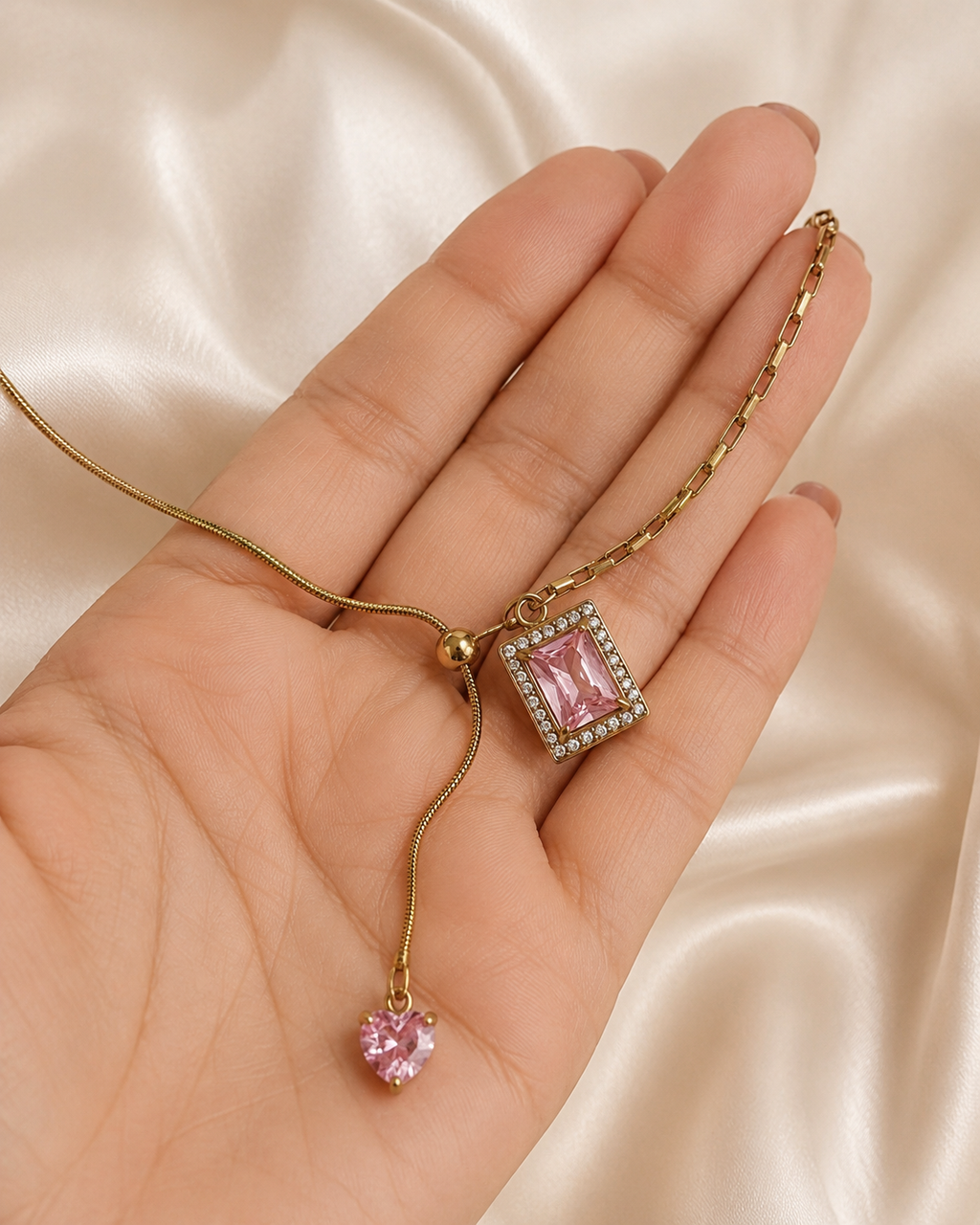 Pink Square Crystal Heart Drop Necklace