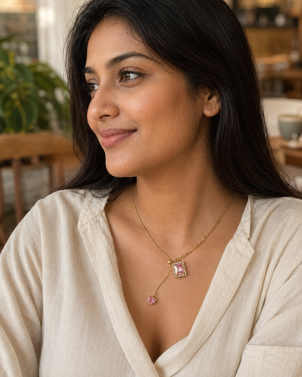 Pink Square Crystal Heart Drop Necklace