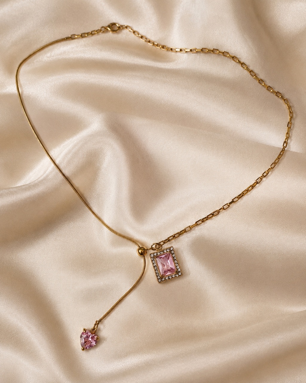 Pink Square Crystal Heart Drop Necklace