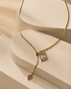 Pink Square Crystal Heart Drop Necklace