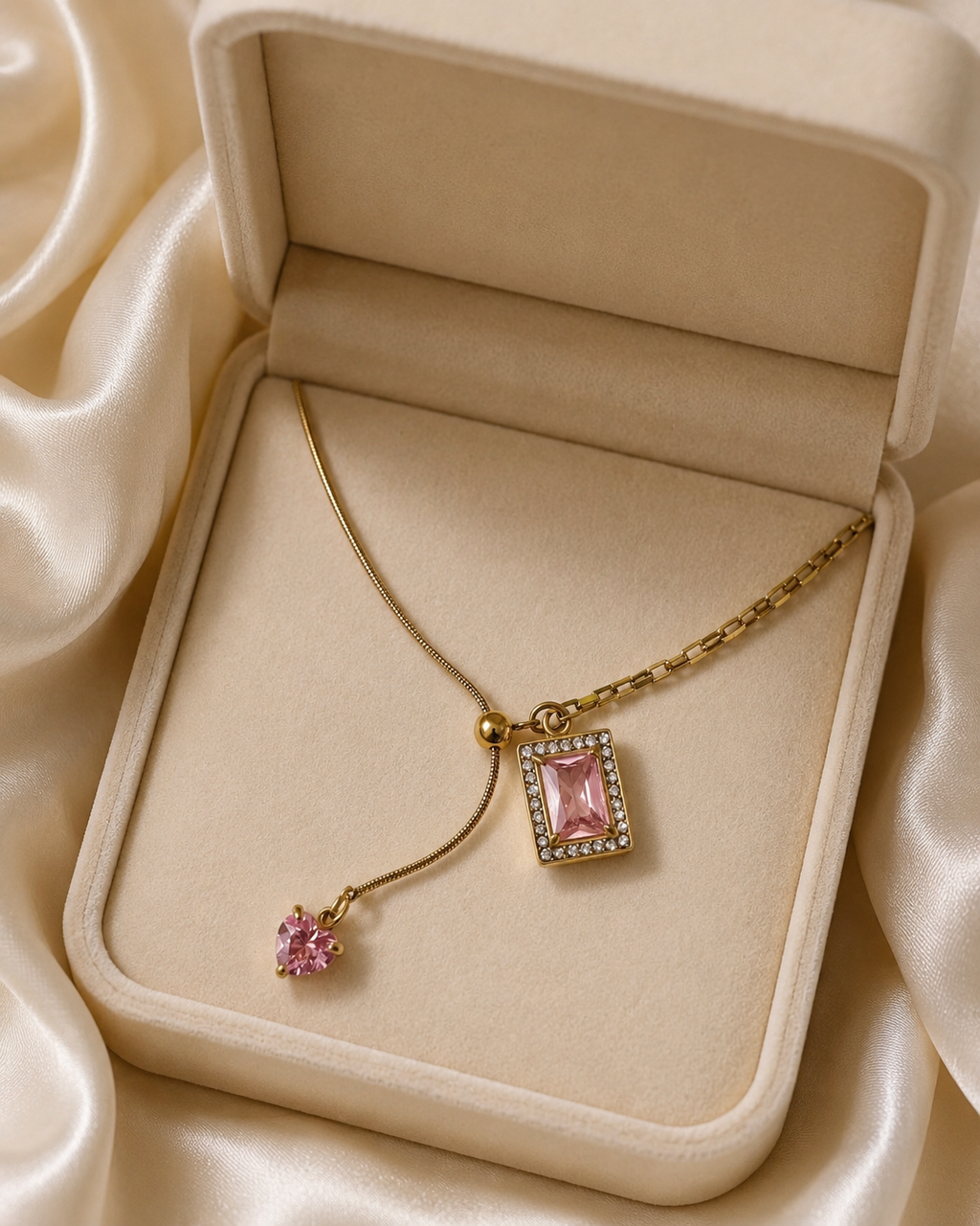 Pink Square Crystal Heart Drop Necklace
