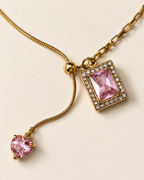 Pink Square Crystal Heart Drop Necklace