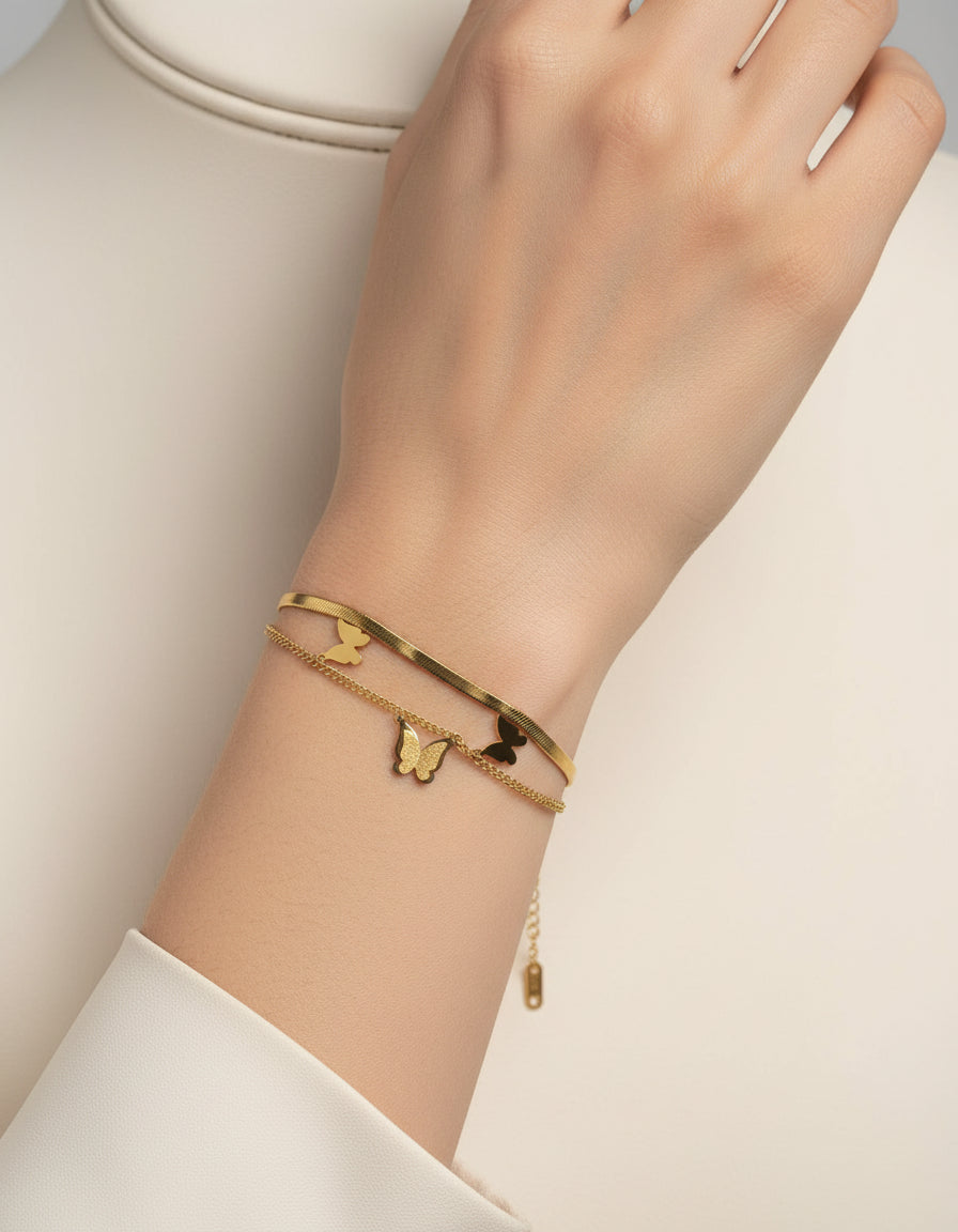 Butterfly Charm Double-Layer Gold-Plated Bracelet