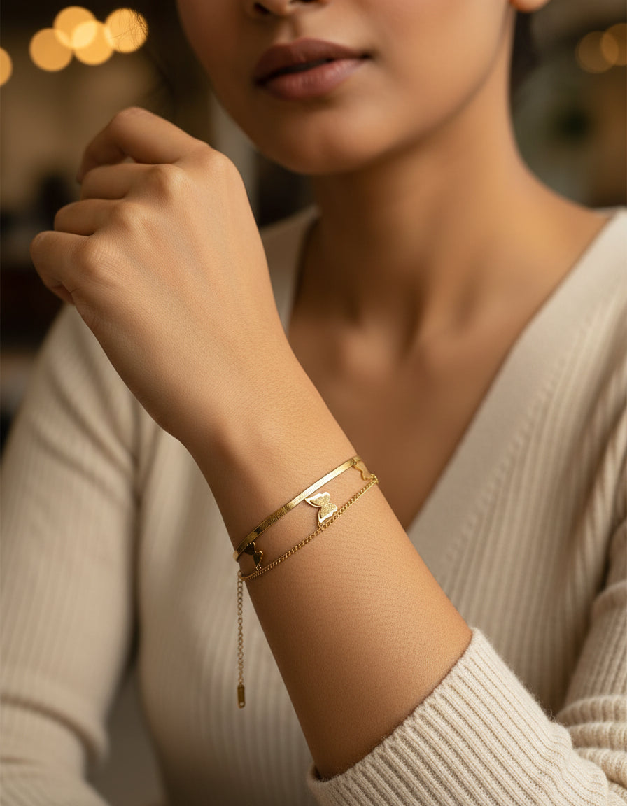 Butterfly Charm Double-Layer Gold-Plated Bracelet